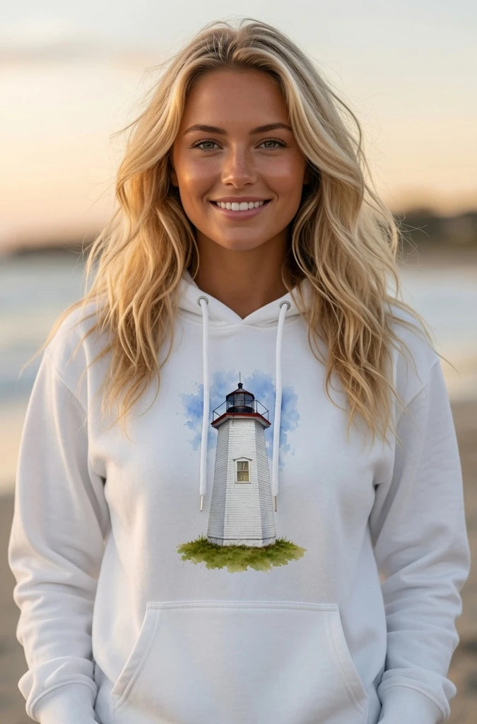Woman wearing a white hoodie with a lighthouse design on a beach.