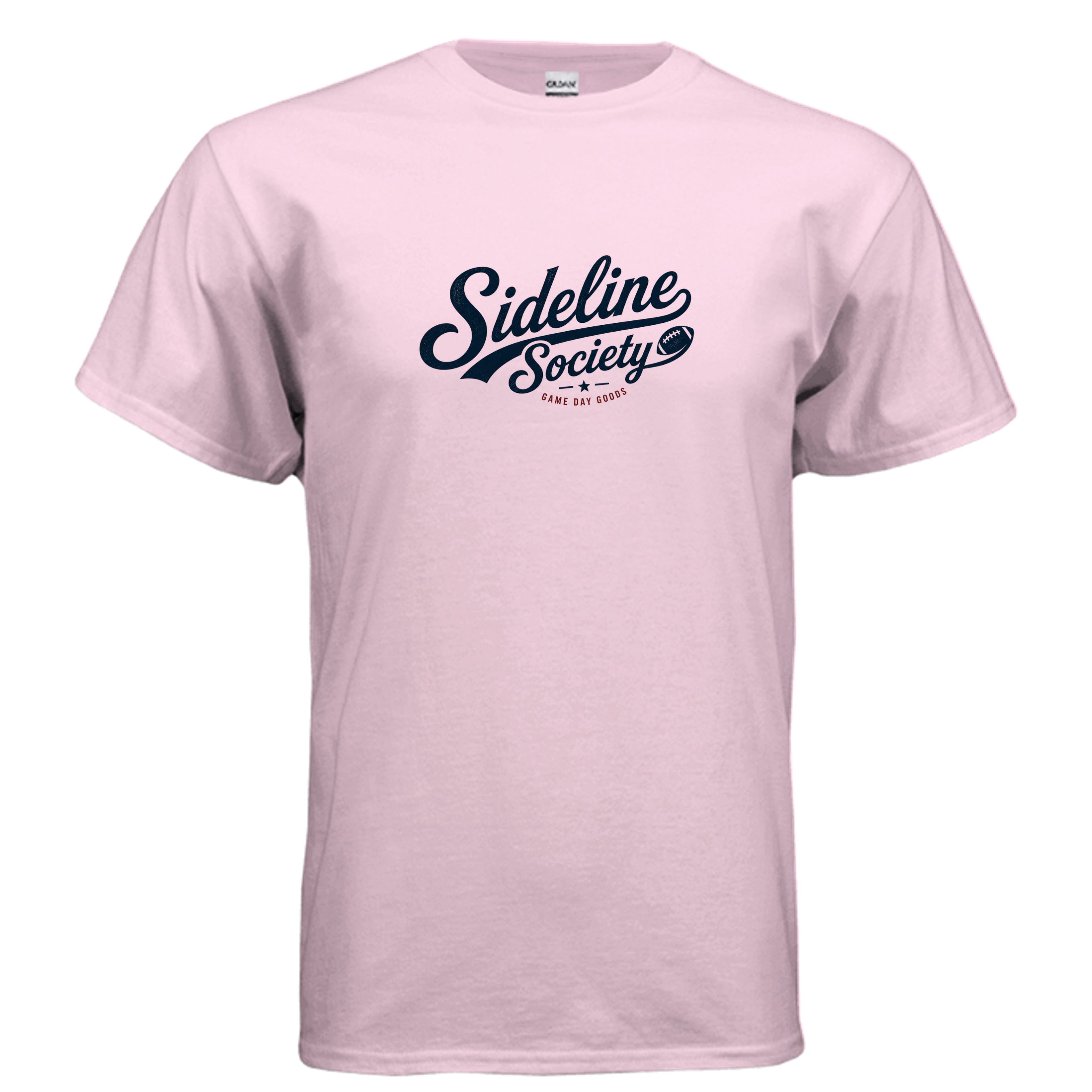 Sideline Society Game Day Goods football t-shirt design with vintage script lettering, football icon, star detail, and red accent text.