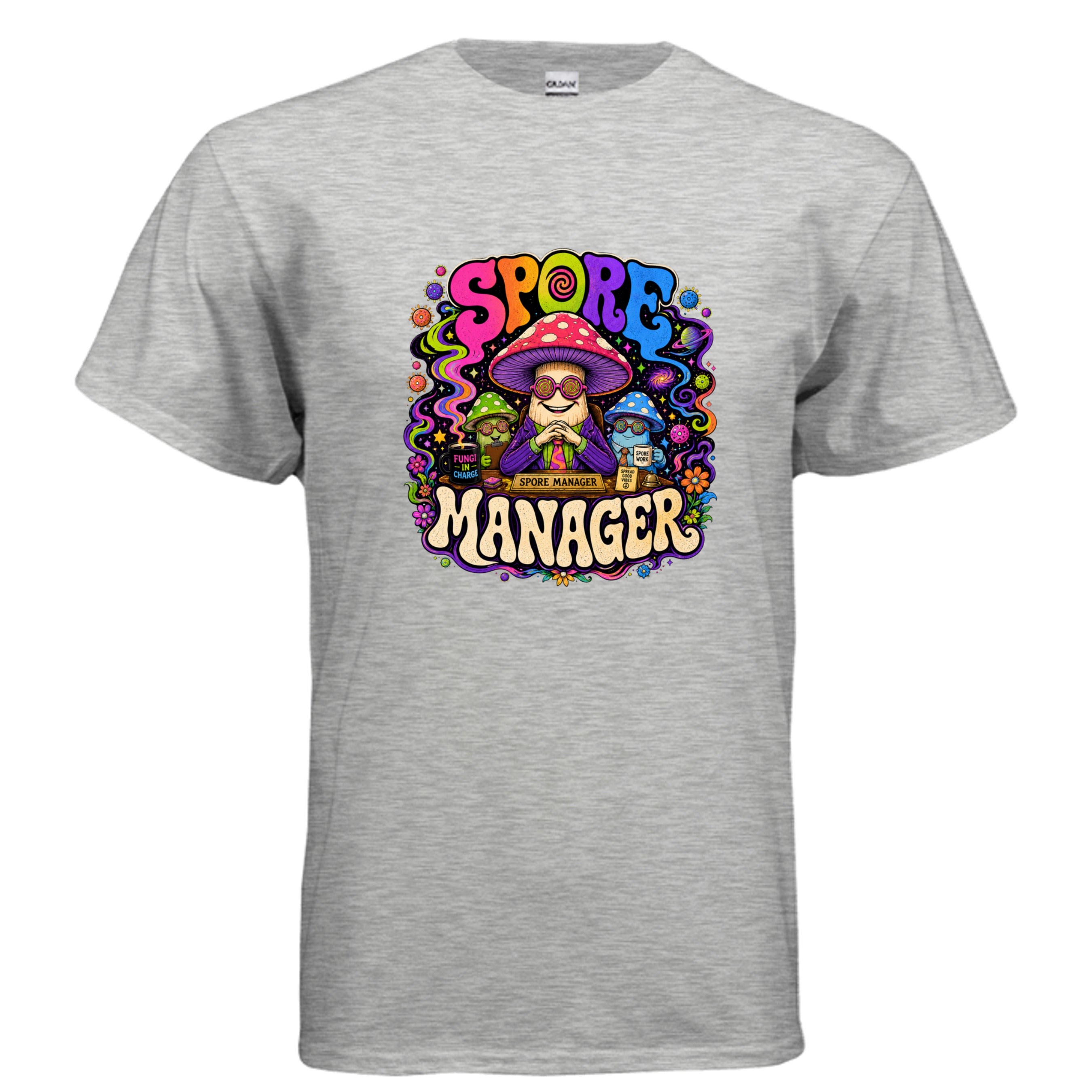 Spore Manager psychedelic mushroom t-shirt graphic with colorful trippy lettering, fungi boss character, cosmic spores, stars, and retro blacklight art style.