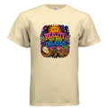 Reality Has Been Delayed psychedelic t-shirt graphic with melting sun, warped desert road, cosmic swirls, melting clock, and bold retro lettering.