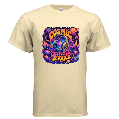 Cosmic Customer Service psychedelic t-shirt design with retro headset, planets, neon sound waves, stars, and bold bubble lettering.