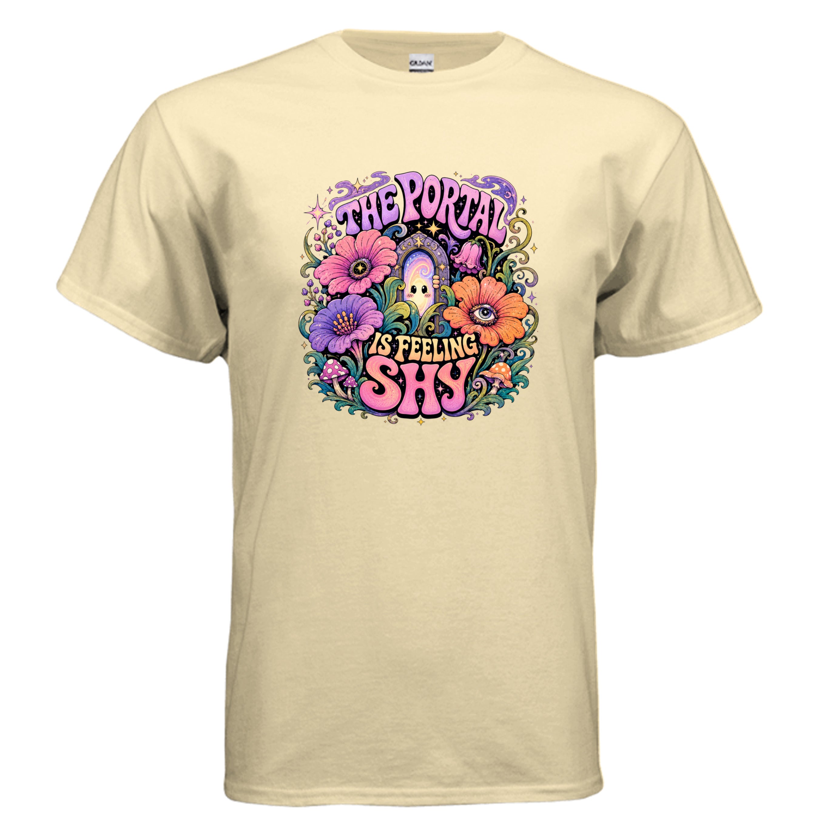 Colorful psychedelic t-shirt graphic reading “The Portal Is Feeling Shy,” featuring a shy glowing portal hiding among oversized flowers, mushrooms, stars, and cosmic swirls.