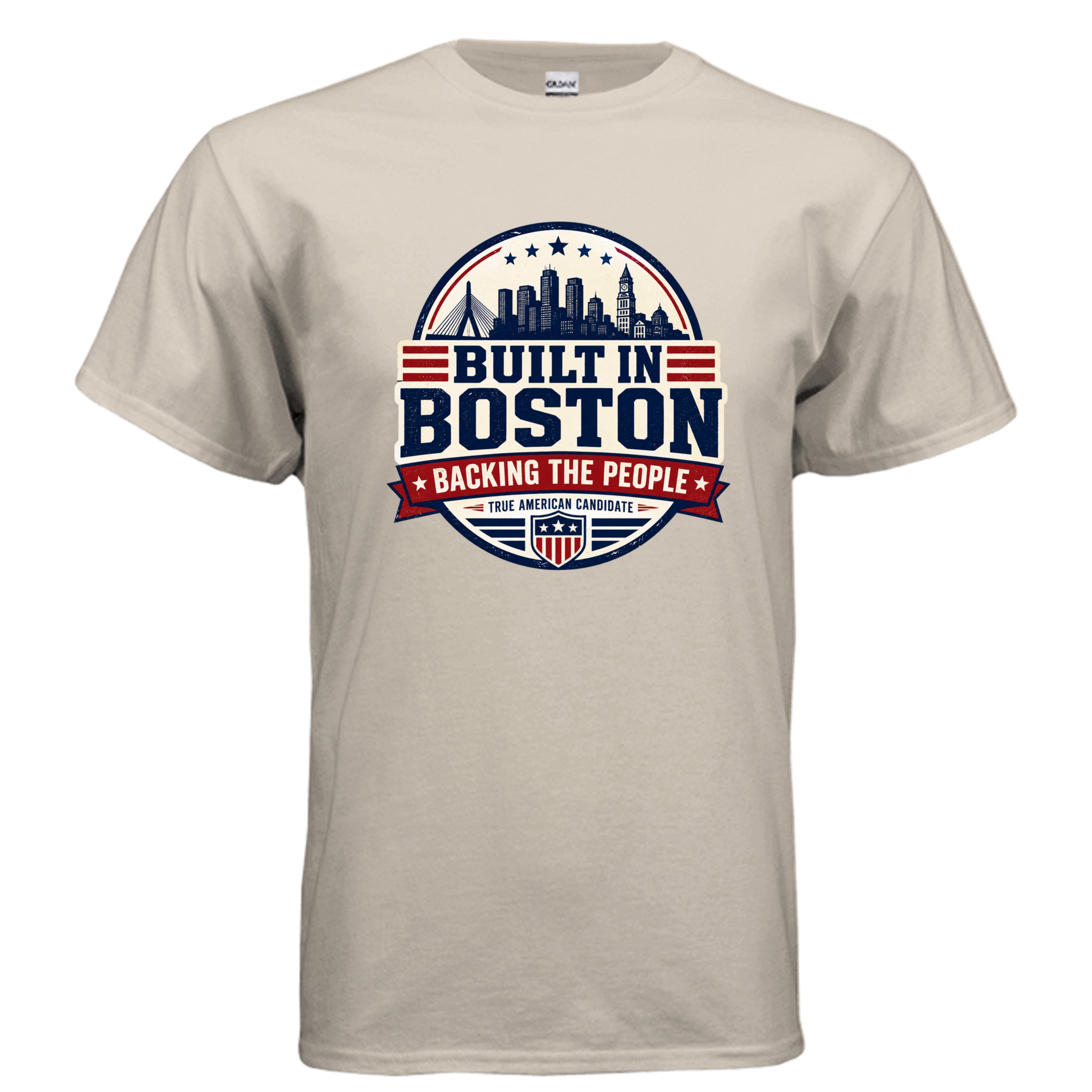 Built in Boston Backing the People patriotic Boston graphic t-shirt design with skyline, stars, stripes, and True American Candidate text.