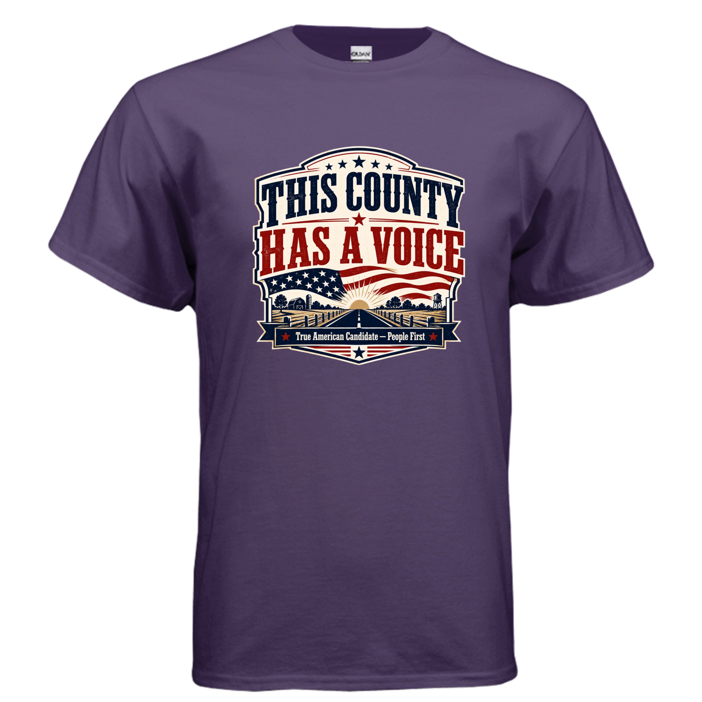 This County Has a Voice patriotic t-shirt design with bold red and blue vintage Americana lettering, American flag elements, rural county road, stars, and True American Candidate People First banner.