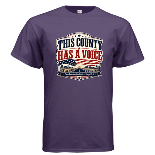 This County Has a Voice patriotic t-shirt design with bold red and blue vintage Americana lettering, American flag elements, rural county road, stars, and True American Candidate People First banner.