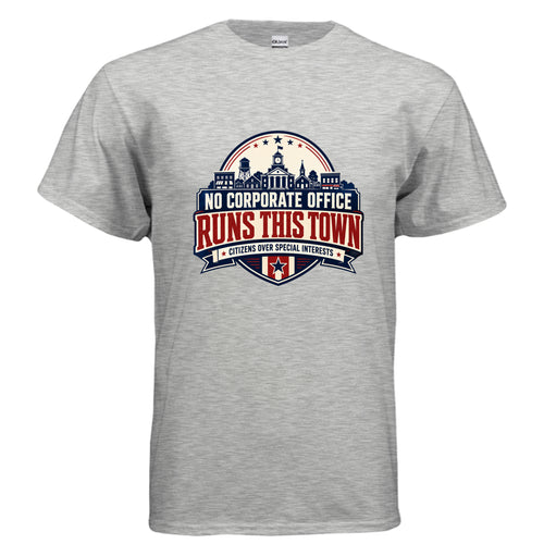 No Corporate Office Runs This Town patriotic graphic t-shirt design with small town courthouse, stars, and Citizens Over Special Interests text.