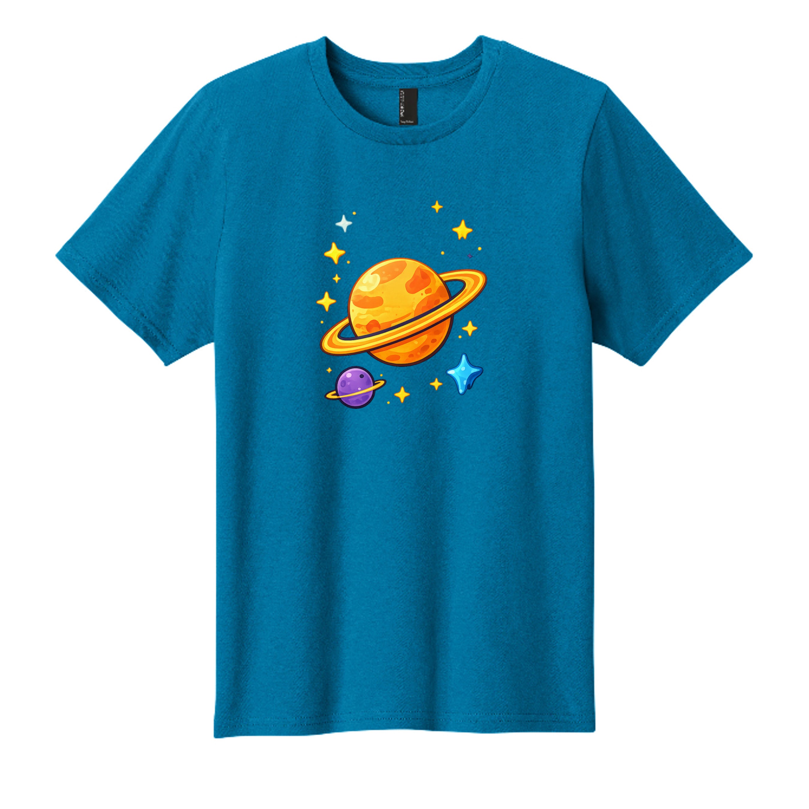 Colorful kids outer space t-shirt design featuring a large orange ringed planet, smaller purple planet, blue star, and yellow stars.